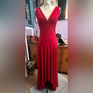 Sophisticated and Sexy Red Gown w Plunging Neckline and Hi/Low Hem